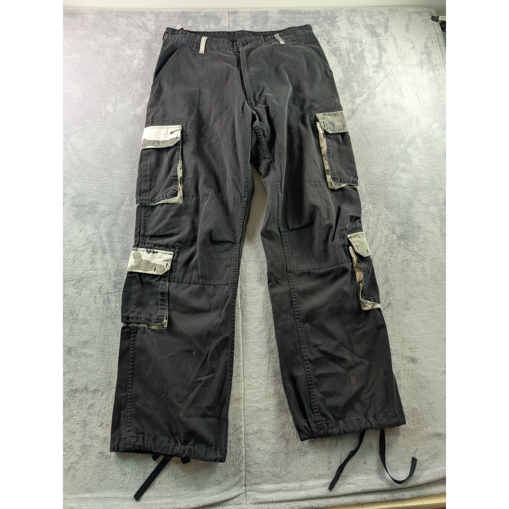 Mens Black Multi Pocket Cargo Pants Camo Trim Tactical Trousers Size 31-35